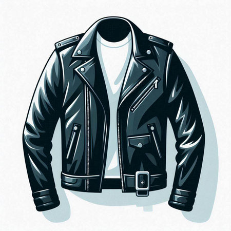 Black leather jacket on a white background. Vector illustration of a black leather jacket.のイラスト素材