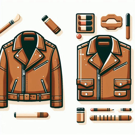 Vector illustration of a set of men's leather jackets and accessories.のイラスト素材