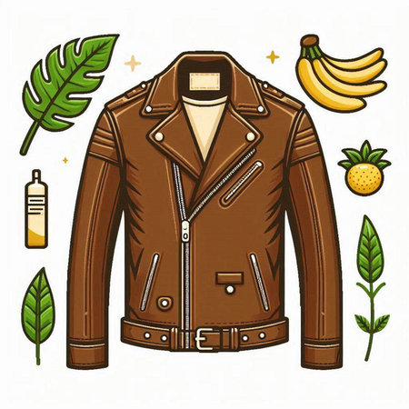 Vector illustration of a brown leather jacket and tropical leaves on a white backgroundのイラスト素材