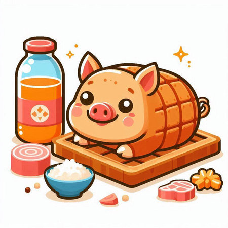 Illustration of a cute pig lying on a wooden cutting board with foodのイラスト素材