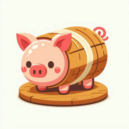 Cute piggy bank on a wooden barrel. Vector illustration.のイラスト素材