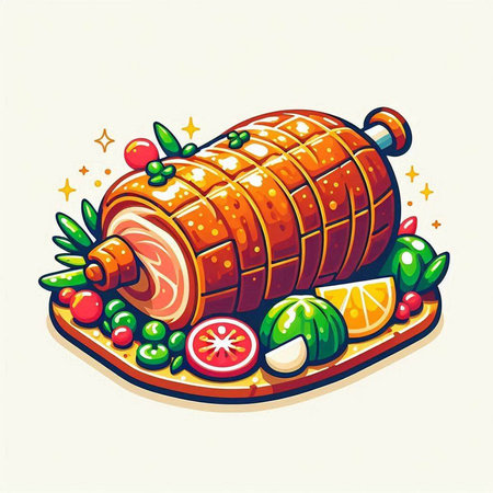 Vector illustration of roasted pork leg on plate with vegetables and fruits.のイラスト素材