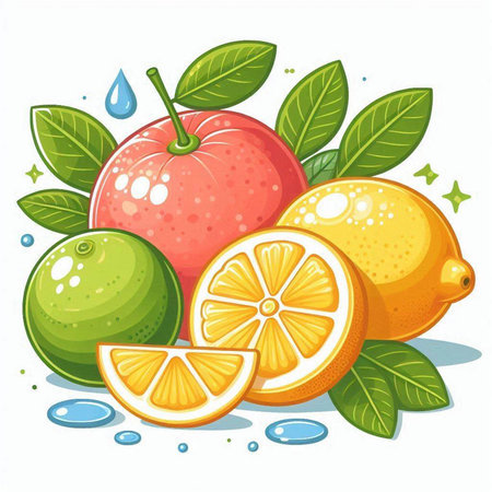 Fruits and leaves with water drops on white background. Vector illustration.のイラスト素材