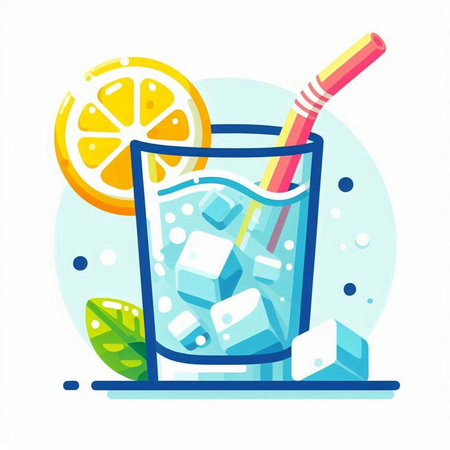 Cocktail with ice cubes and straw. Vector illustration in flat styleのイラスト素材