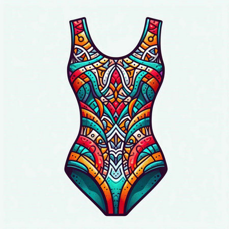 Vector hand drawn swimsuit. Colorful ethnic patterned swimsuit.のイラスト素材