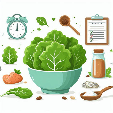 Vector illustration of a fresh green lettuce in a bowl and ingredients for cooking.のイラスト素材