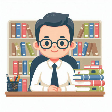 Male teacher in the library. Vector illustration in a flat style.のイラスト素材
