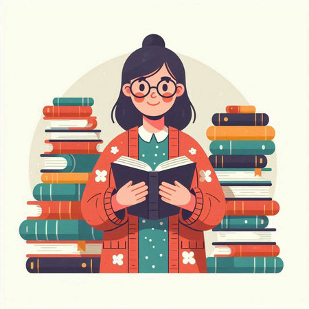 Girl in glasses reading a book. Vector illustration in flat style.のイラスト素材