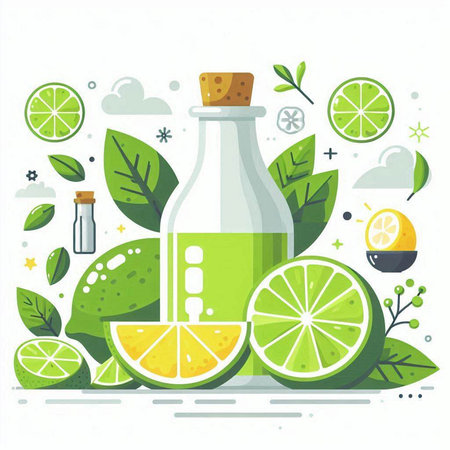 Vector illustration of lemonade in a bottle, lime slices and leaves.のイラスト素材