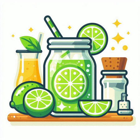 Lime smoothie in a glass jar and ingredients. Vector illustration.のイラスト素材