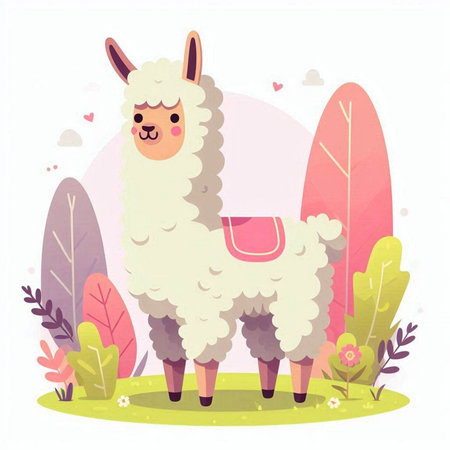 Cute llama in the garden. Vector illustration in flat styleのイラスト素材