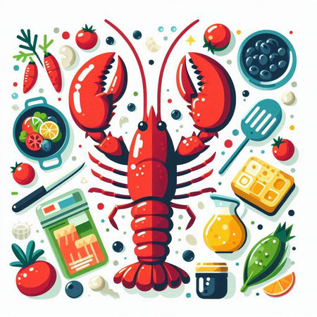 Lobster, vegetables and spices. Vector illustration in flat styleのイラスト素材