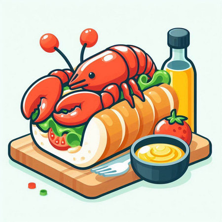 Lobster sandwich on a wooden board. Vector illustration in cartoon style.のイラスト素材
