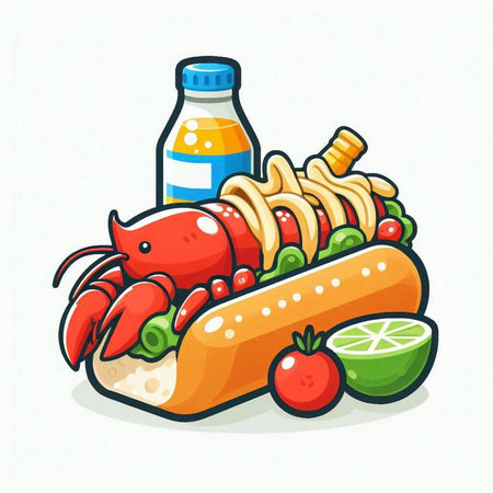 Illustration of a hot dog with sauce and vegetables on a white backgroundのイラスト素材