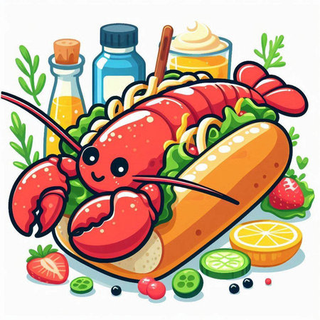 Lobster with hot dog and other food. Vector illustration.のイラスト素材