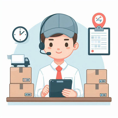 Delivery man with headset holding a tablet. Vector illustration in cartoon style.のイラスト素材