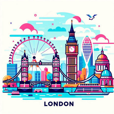 London skyline with famous landmarks. Vector illustration in flat design style.のイラスト素材