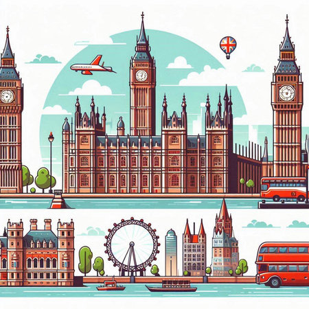 Big Ben, London, England, United Kingdom. Set of famous buildings. Vector illustrationのイラスト素材