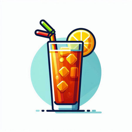 Vector illustration of a glass of orange juice with ice cubes and strawsのイラスト素材