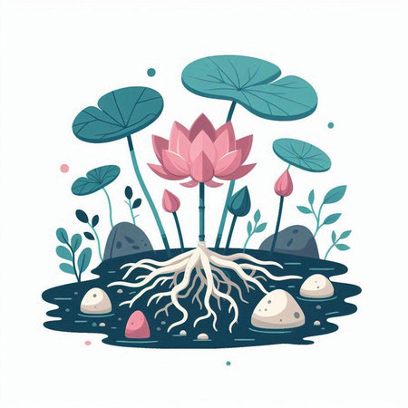 Lotus flower with roots in water. Vector illustration in flat style.のイラスト素材