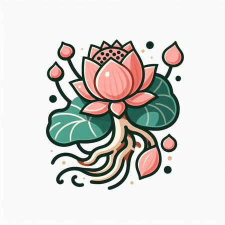 Lotus flower with leaves and water drops. Hand drawn vector illustration.のイラスト素材
