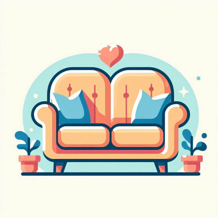 Comfortable sofa with pillows and cushions. Flat vector illustration.のイラスト素材