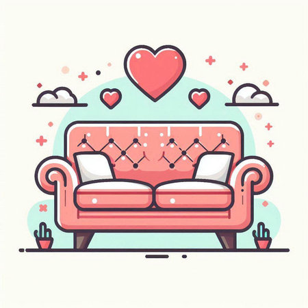 Sofa with pillows and hearts. Vector illustration in flat styleのイラスト素材