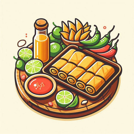 Illustration of Asian food set on wooden plate. Vector illustration.のイラスト素材