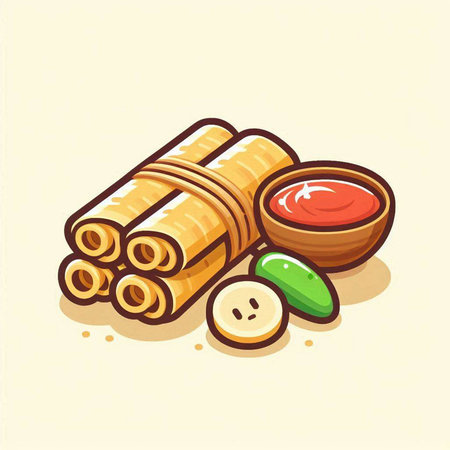 Illustration of a roll of bamboo rolls with tomato sauce on a white backgroundのイラスト素材