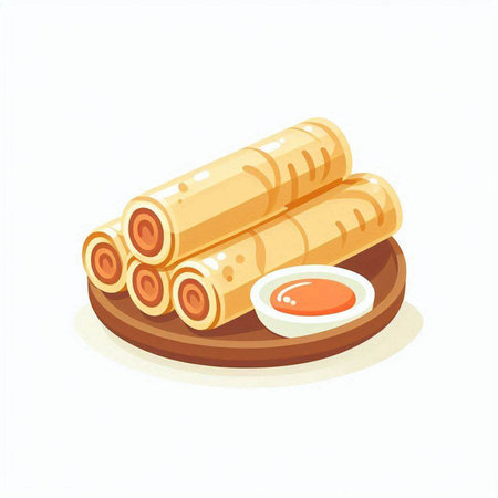 Illustration of Chinese spring rolls on wooden plate. Vector illustration.のイラスト素材