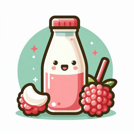 Cute milk bottle with raspberry fruit. Cartoon style vector illustration.のイラスト素材