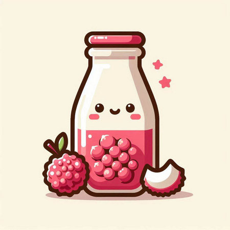 Cute raspberry jam in a glass bottle. Vector cartoon character illustration.のイラスト素材