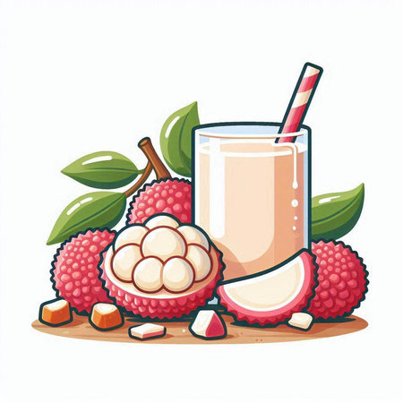 Lychee juice in a glass with a straw. Vector illustration.のイラスト素材
