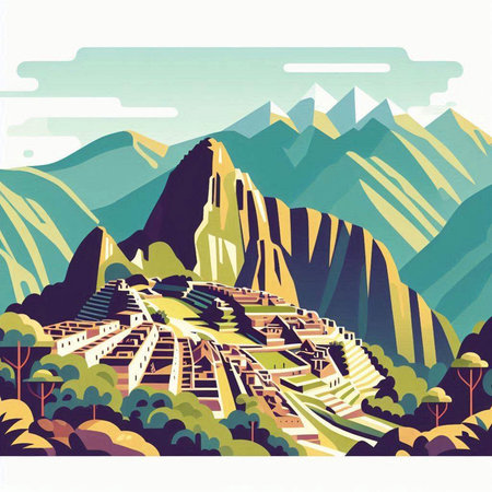 Landscape of the ancient city in the mountains. Vector illustration.のイラスト素材