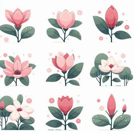 Set of pink magnolia flowers with green leaves. Vector illustration.のイラスト素材