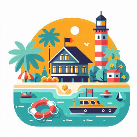 Flat design vector illustration concept of seashore with lighthouse, boat, house and palm trees.のイラスト素材