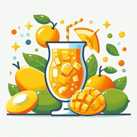 Mango juice in a glass with fresh fruits. Vector illustration.のイラスト素材