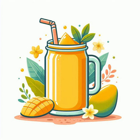 Mango smoothie in a glass with a straw. Vector illustration.のイラスト素材