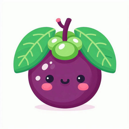 Cute purple mangosteen fruit character. Vector flat cartoon illustrationのイラスト素材