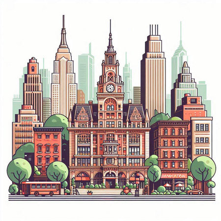 City skyline with skyscrapers. Vector illustration in vintage style.のイラスト素材