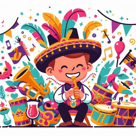 Cute cartoon boy in sombrero playing musical instruments. Vector illustrationのイラスト素材