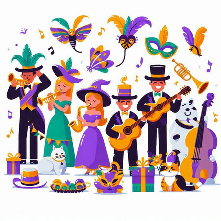 Mardi Gras party flat vector illustration. Group of people in carnival costumes playing music, singing, playing musical instruments, singing, playing guitar, singing, singing, dancing.のイラスト素材