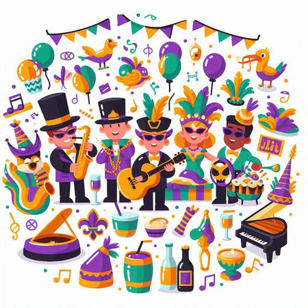 Mardi Gras party flat color vector illustration. Cartoon man and woman in carnival costume with musical instruments and masks isolated cartoon characters on white backgroundのイラスト素材