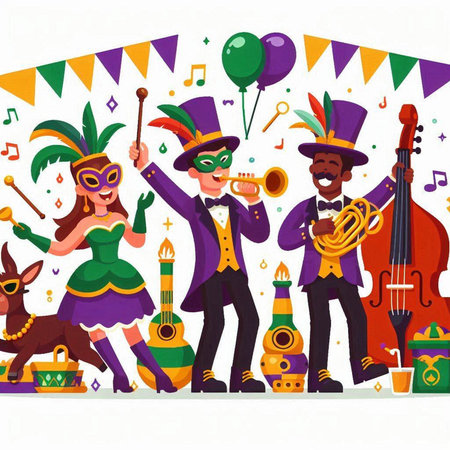 Mardi Gras carnival party vector illustration. Cheerful men and women in carnival costumes playing musical instruments.のイラスト素材
