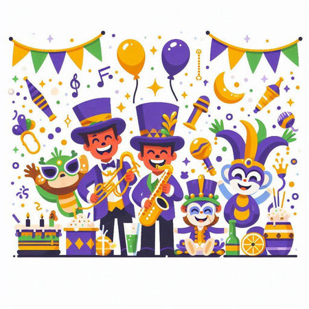 Mardi gras carnival party with clowns, masks and musical instruments. Vector illustrationのイラスト素材