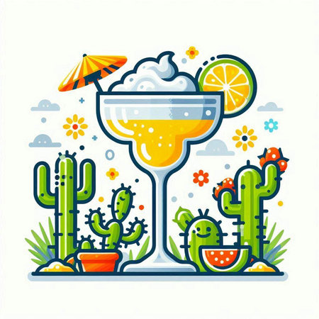 Cocktail and cacti. Vector illustration in flat styleのイラスト素材