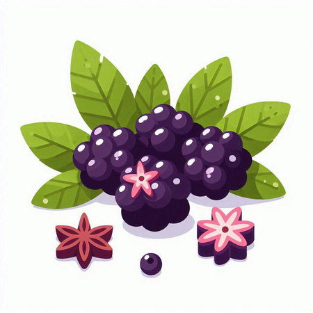Bunch of blackberries with leaves and star anise. Vector illustration.のイラスト素材