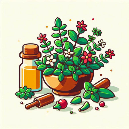 Essential oil in a bottle and green leaves. Vector illustration.のイラスト素材