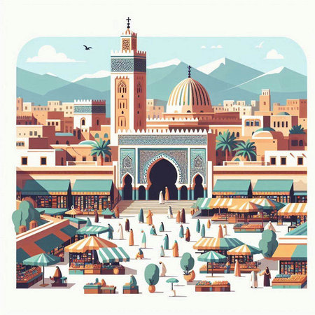 Famous landmark of Marrakech, Morocco. Vector illustration.のイラスト素材