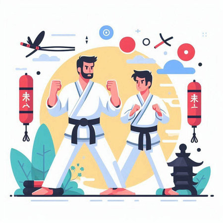 Taekwondo. Man and woman practicing martial arts. Vector illustration in flat styleのイラスト素材